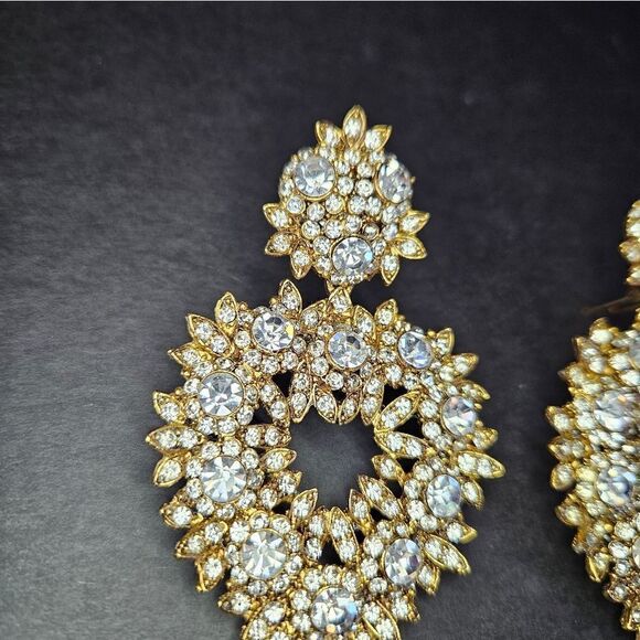 Vintage Thelma Deutsch Signed Large Rhinestone Open Heart Clip Dangle Earrings - Picture 5 of 12